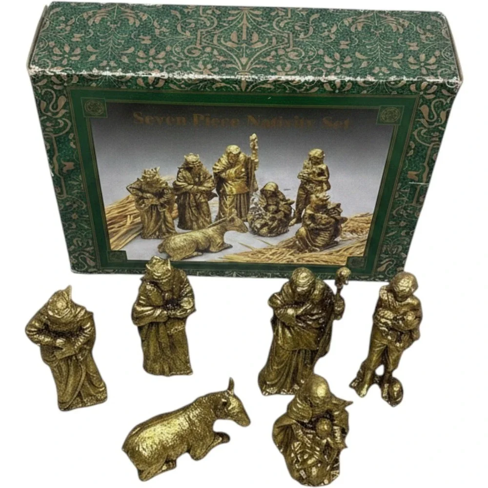Seven Piece Nativity Set Metallic Gold Christmas Figurines Holy Family Wise Men‎